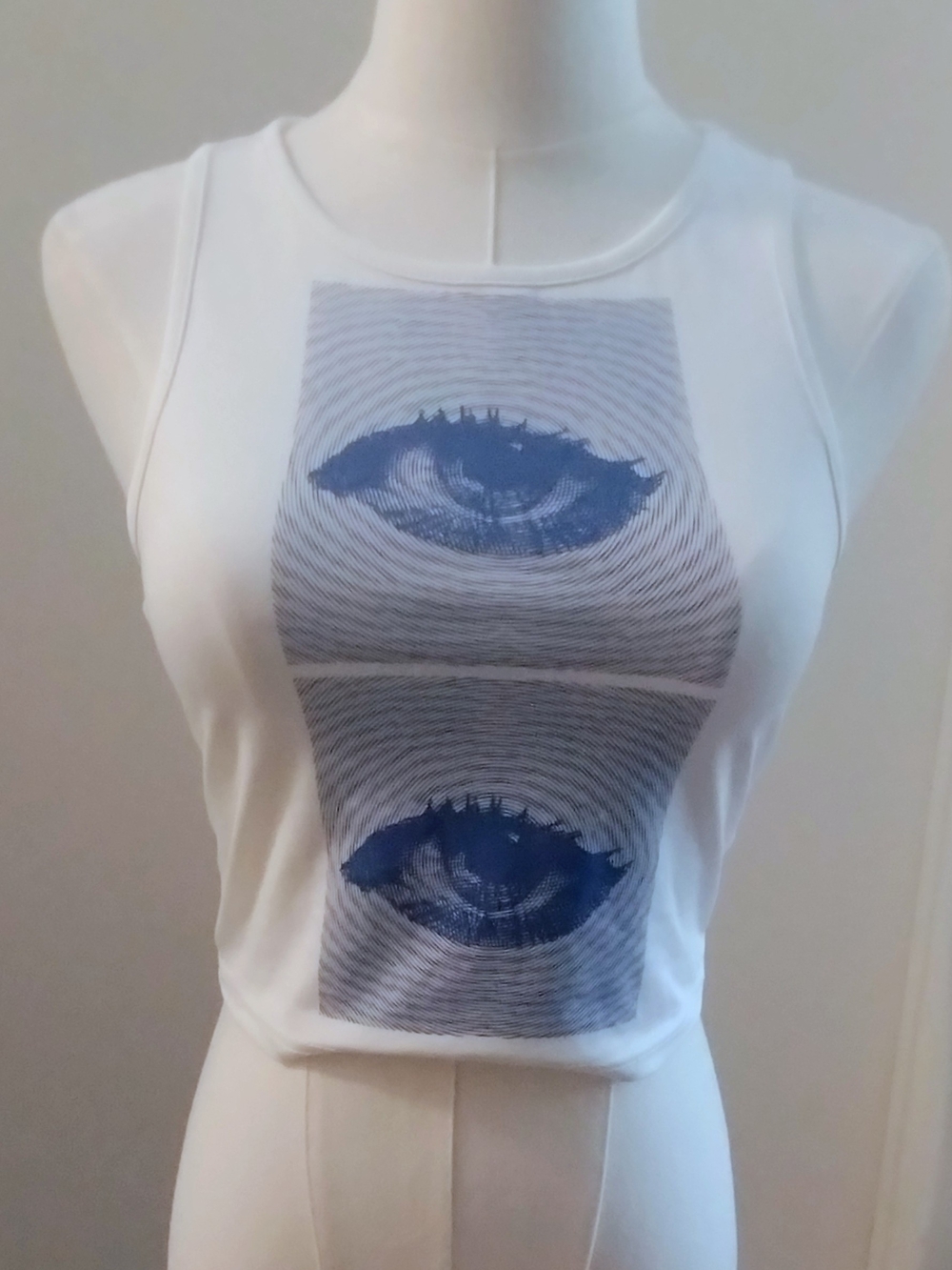 SHEIN White Crop Tank with Double Blue Eye Graphic